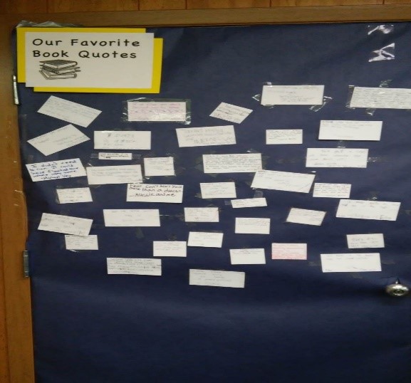 Students favorite book quotes on a bulletin board