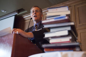 man speaking about books