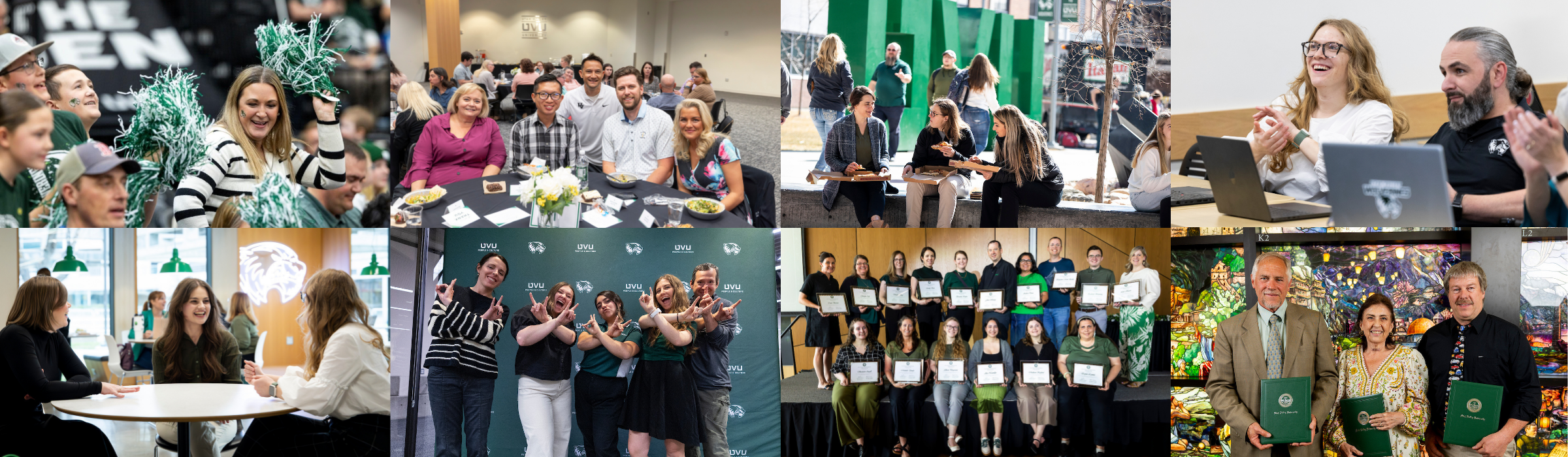 Collage graphic showing employees participating in a variety of activities such as athletic events, workshops, and recognition events.
