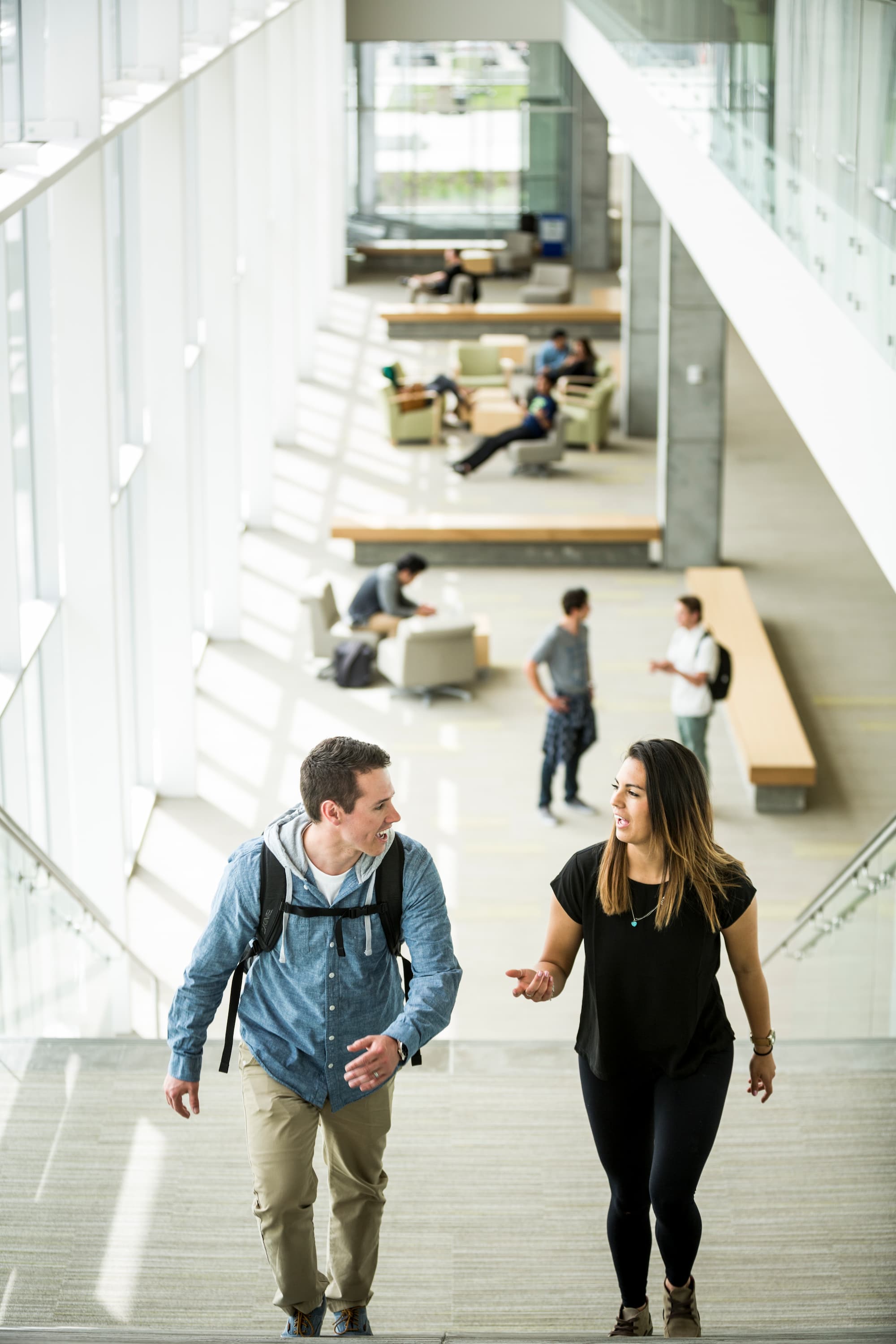 Two students walking up stairs talking