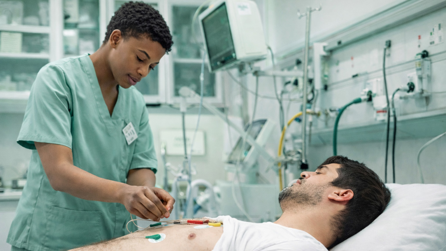 Technition working placing leads on a patient