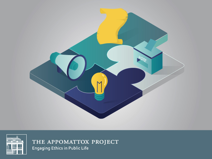 A graphic of the state of Utah,  a bullhorn, a voting ballot box, a lightbulb and a scroll