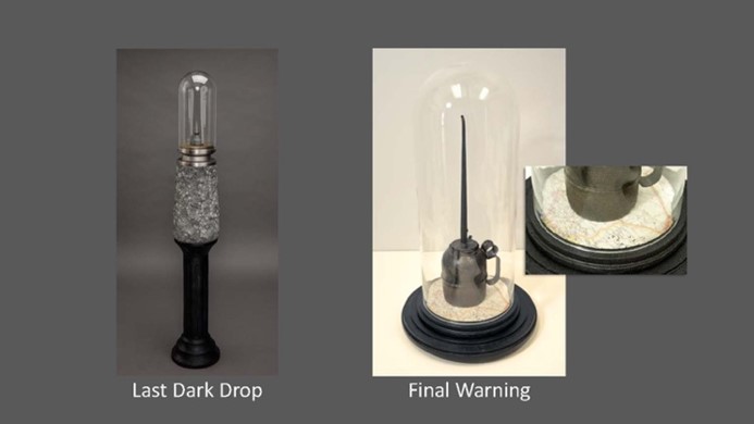 Photo of McEntires art pieces "Last Drop" and "Final Warning"