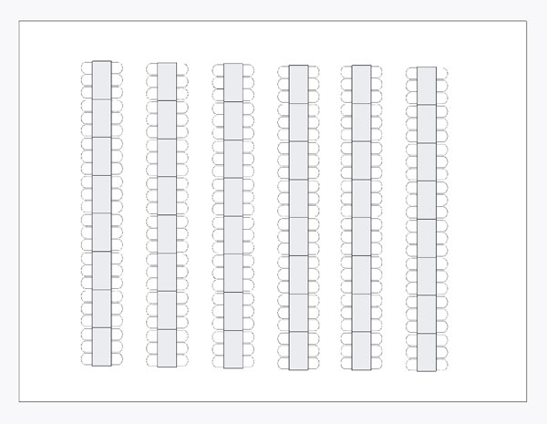 event space set up with long tables with chairs on both sides