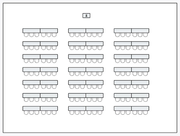 Event Space layout with rectangular tables all facing one direction clumped like desks