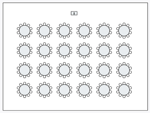 event space set up with round tables with 10 chairs each