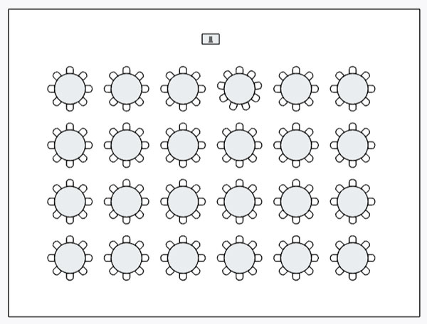 Event Space layout with round tables and 8 chairs per table