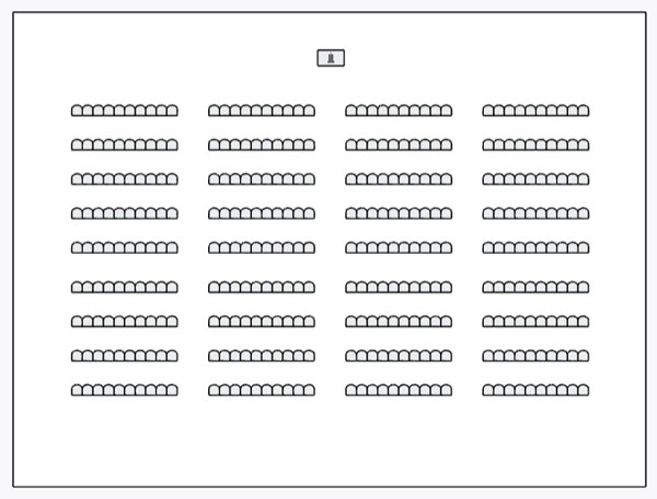 Event Space layout with rows of chairs all facing one direction with aisles left open