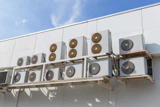 various AC units mounted to the back of a building