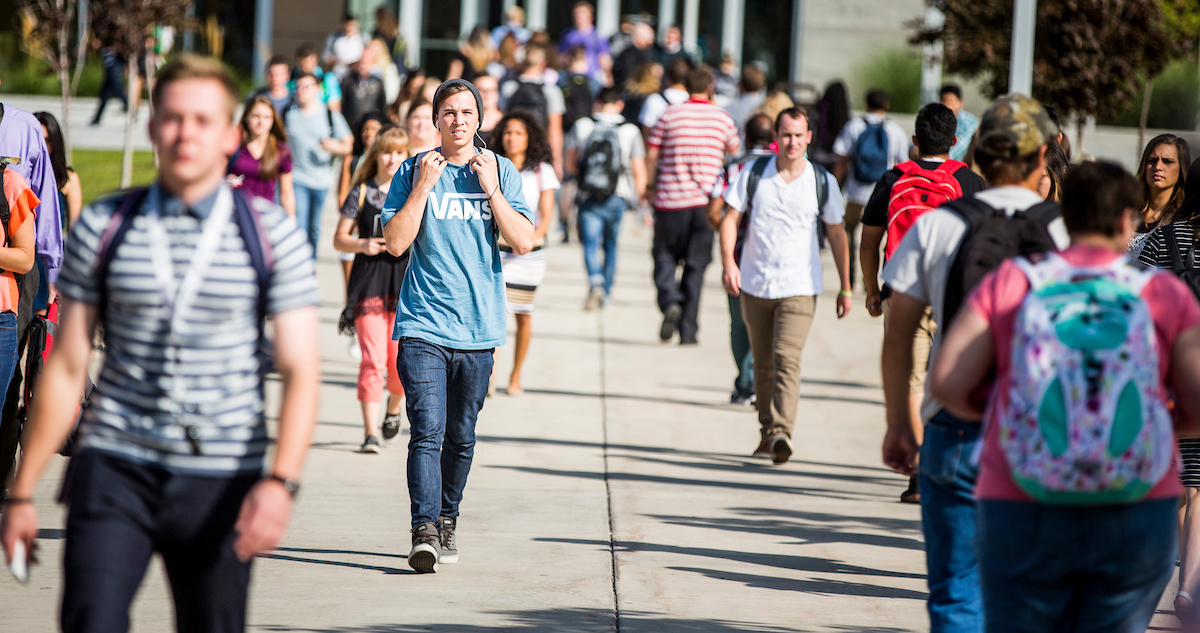 Students walking on campus.