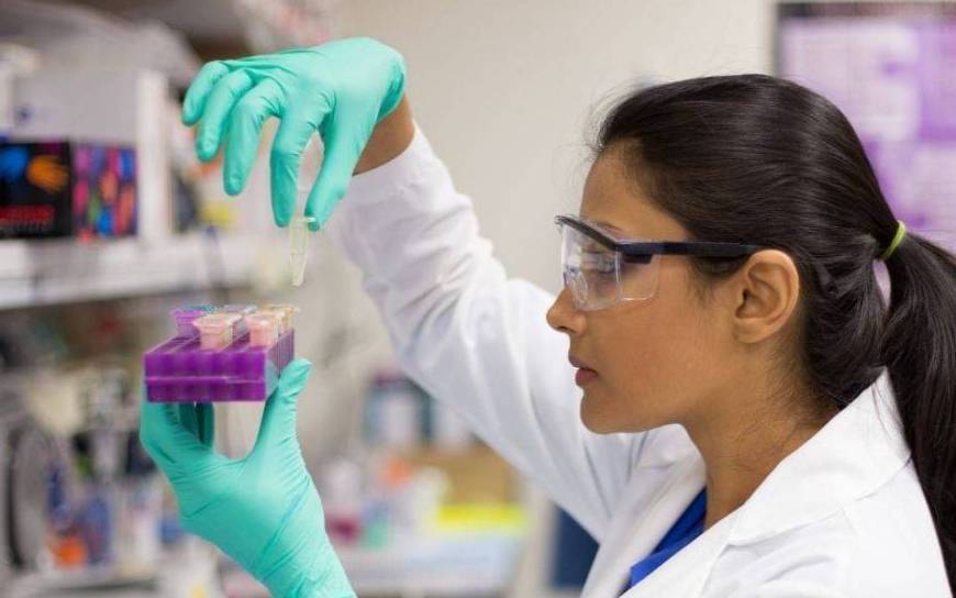 student looking at test tubes
