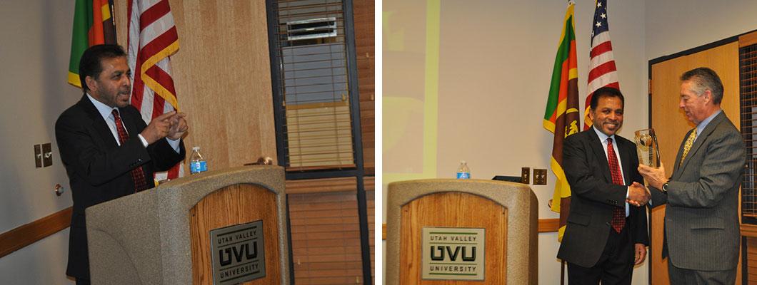 Ambassador Kohona speaks to UVU students and is distinguished as a UVU honorary professor by Dr. Butler