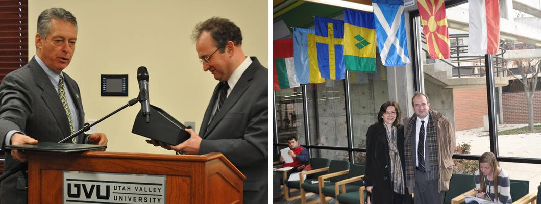 Receiving Honorary UVU Professor Award & with his Wife in the Hall of Flags