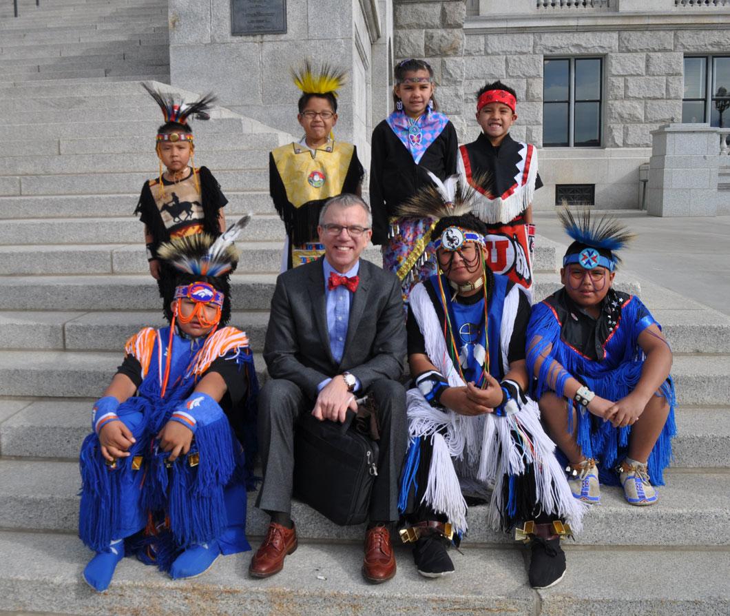 The Ambassador with Native American Dancers on the Steps of the Capital