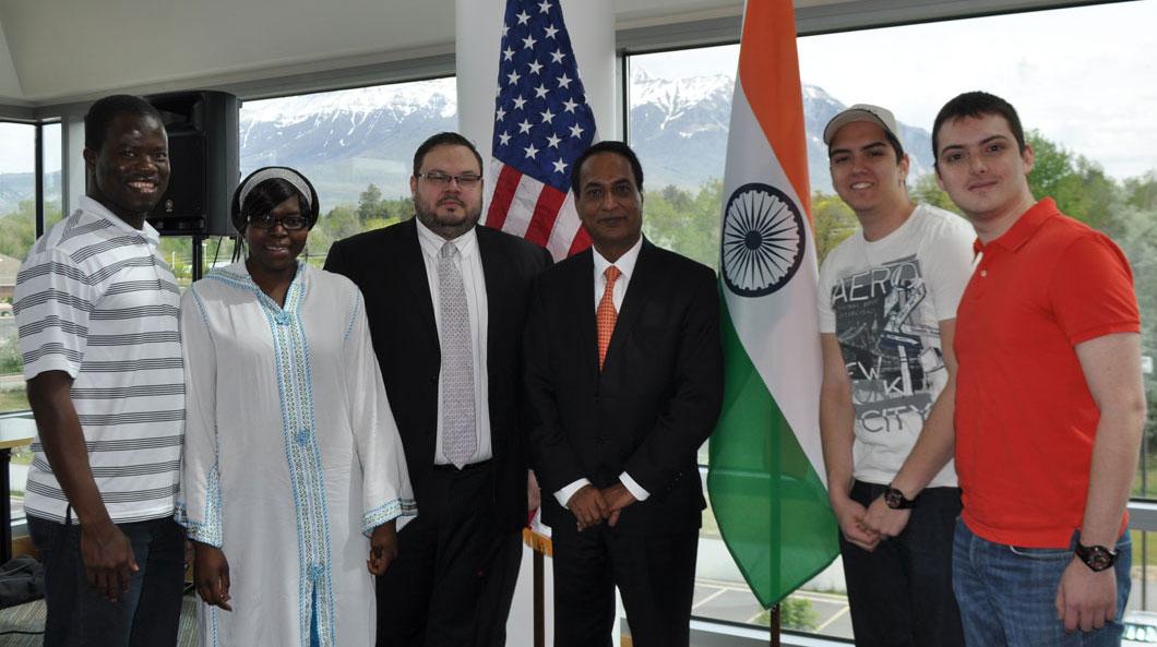 Ambassador Parthasarathi after his lecture with UVU Students