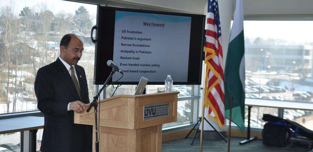 His Excellency Tasawar Khan, Consul General of Pakistan, lecturing at Utah Valley University