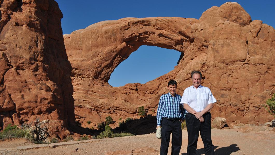 Minister Counselor Mijail Quispe and Ambassador Forsyth tour Arches National Park