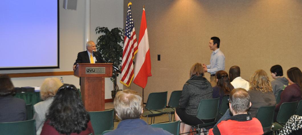 Ambassador Sajdik interacting with UVU student during his lecture