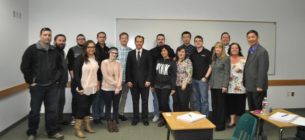 Mr. Sedlacek with Jonathon Tichy, Honorary Consul of the Czech Republic in Utah, Amy Barnett, Dr. Baktybek Abdrisaev, and students after his lecture