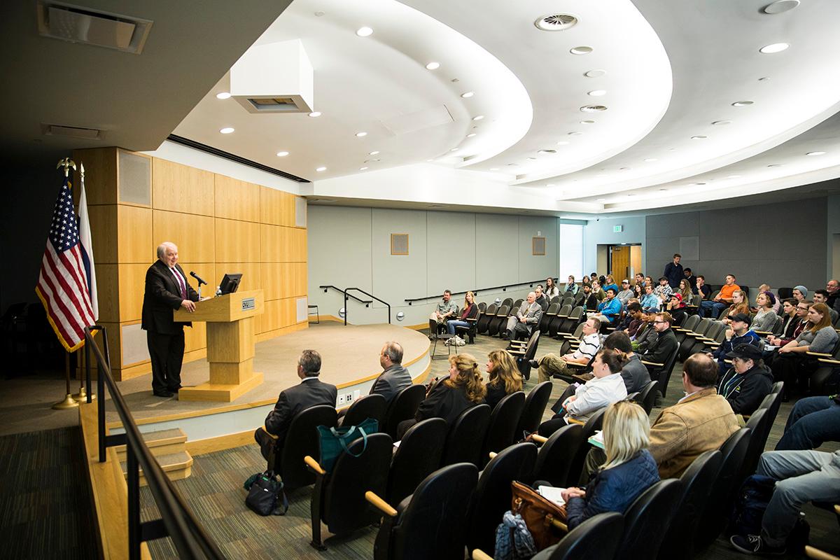 His Excellency Sergey I. Kislyak, Ambassador of Russia, lecturing at Utah Valley University.