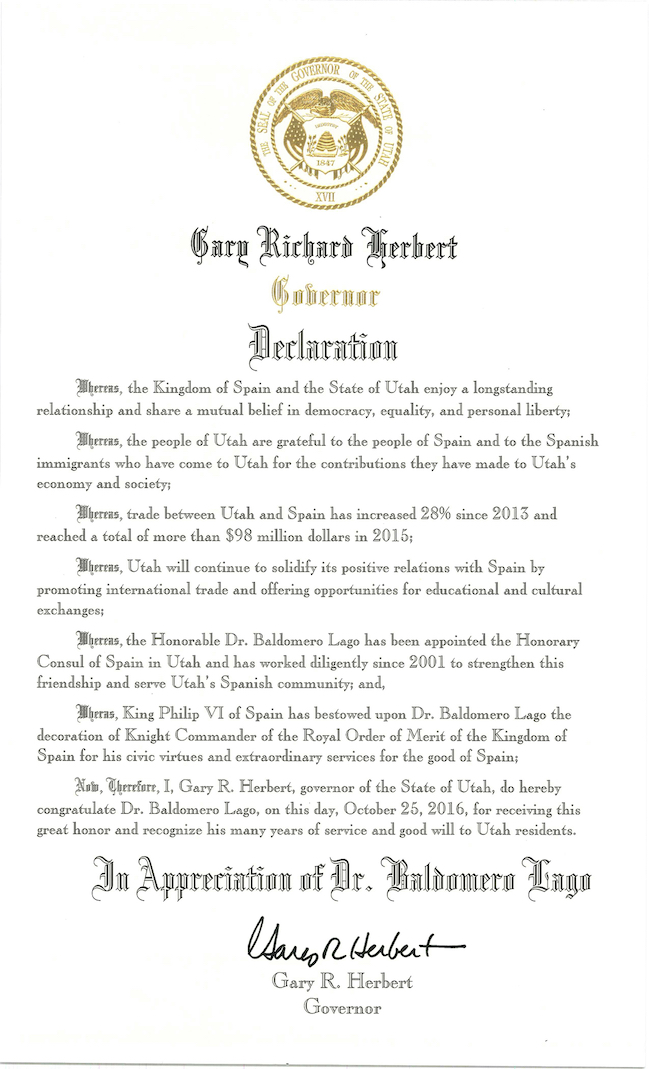 Official declaration from Governor Gary R. Herbert.