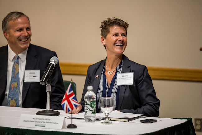 Honorary Consul General for Switzerland in Utah, Daniel Oswald, and Deputy Consul General from the UK, Bernadette Greene field questions during the Breakout Session.
