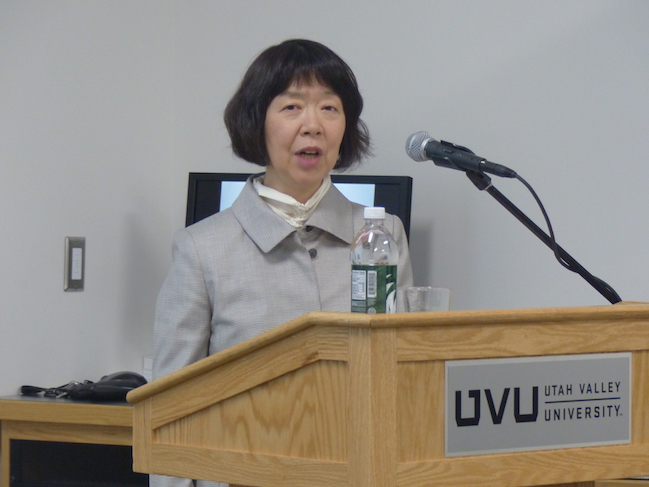 Ms. Mikiko Miyakawa giving a lecture to UVU students.