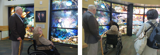 Mr. Gary J. Neeleman, Honorary Consul of Brazil and his wife with Ms. Mikiko Miyakawa taking a tour of UVU Roots of Knowledge stained glass windows.