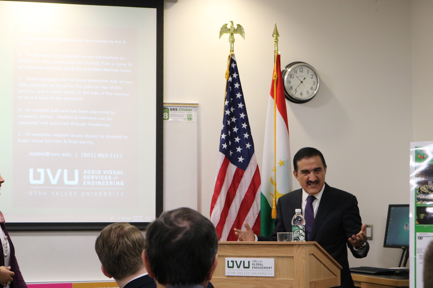 Ambassador Mahmadaminov giving a lecture to UVU students and faculty