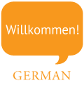 Text bubble that says: Willkommen! Coming out of the word German