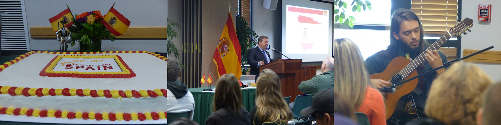 From left to right, a photo of a cake that says Spain, a photo with a man speaking at a lectern, a man playing an acoustical guitar to a crowd.
