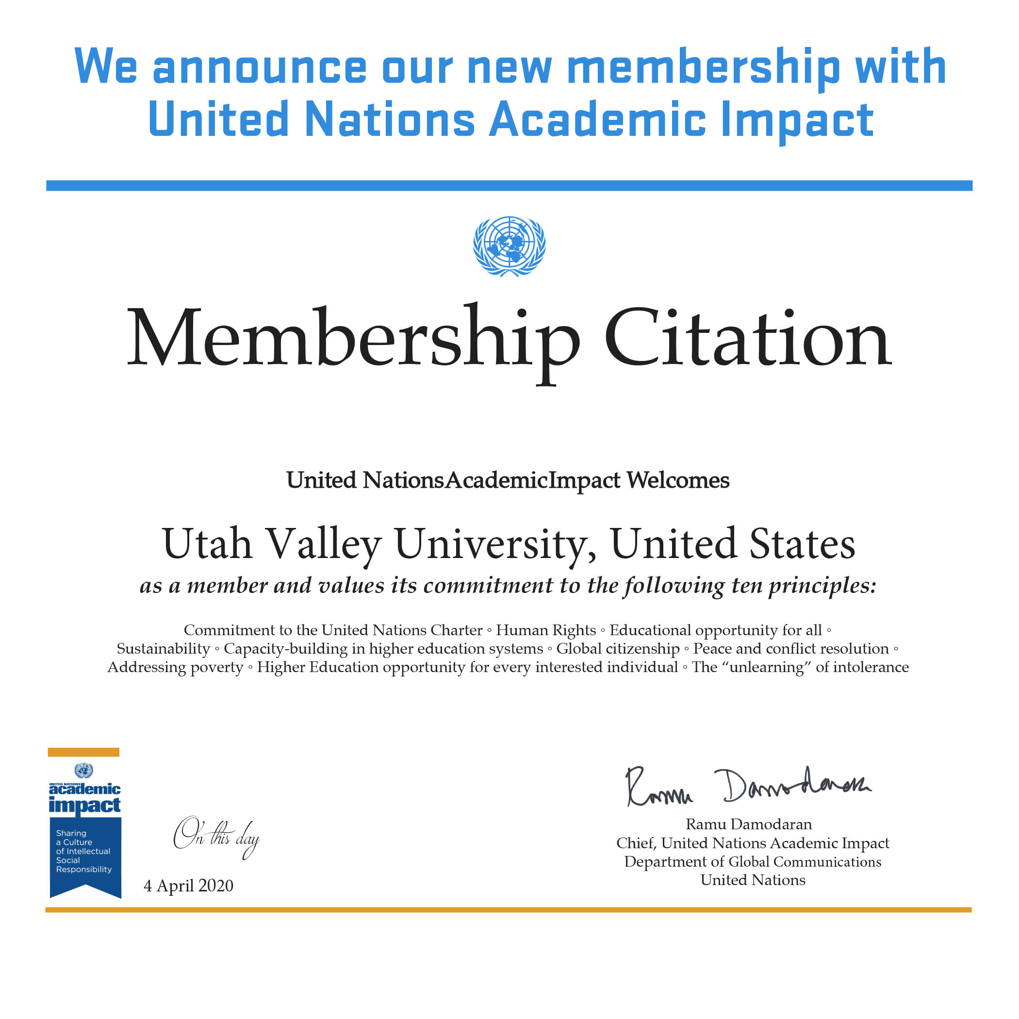 UNAI Membership Certificate