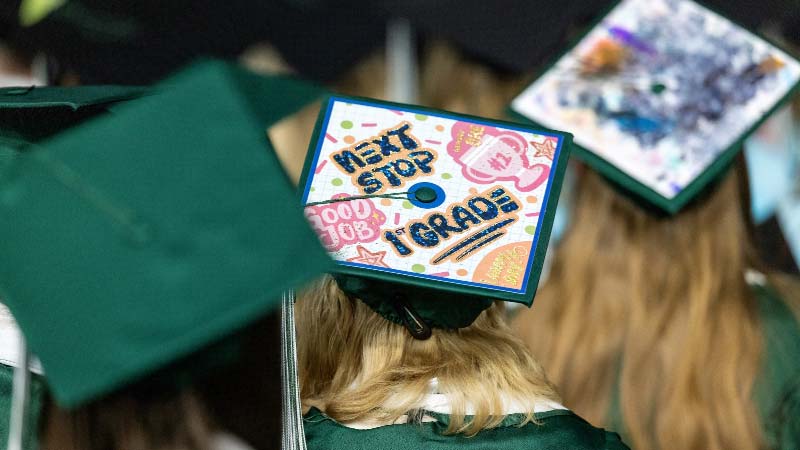 A picture of graduates caps which are decorated in a variety of ways.