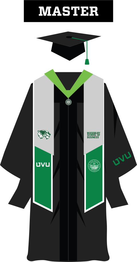 Rendering of master cap, gown, regalia.