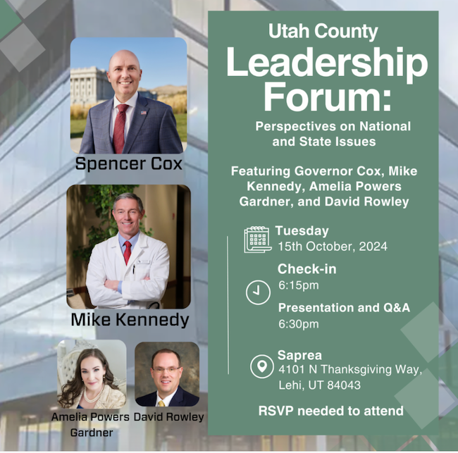 Flyer for Utah County Leadership Forum featuring images of Governor Cox and Mike Kennedy.