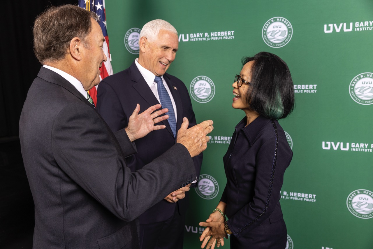 Gary Herbert with Mike Pence and Astrid Tuminez at a Herbert Institute Event