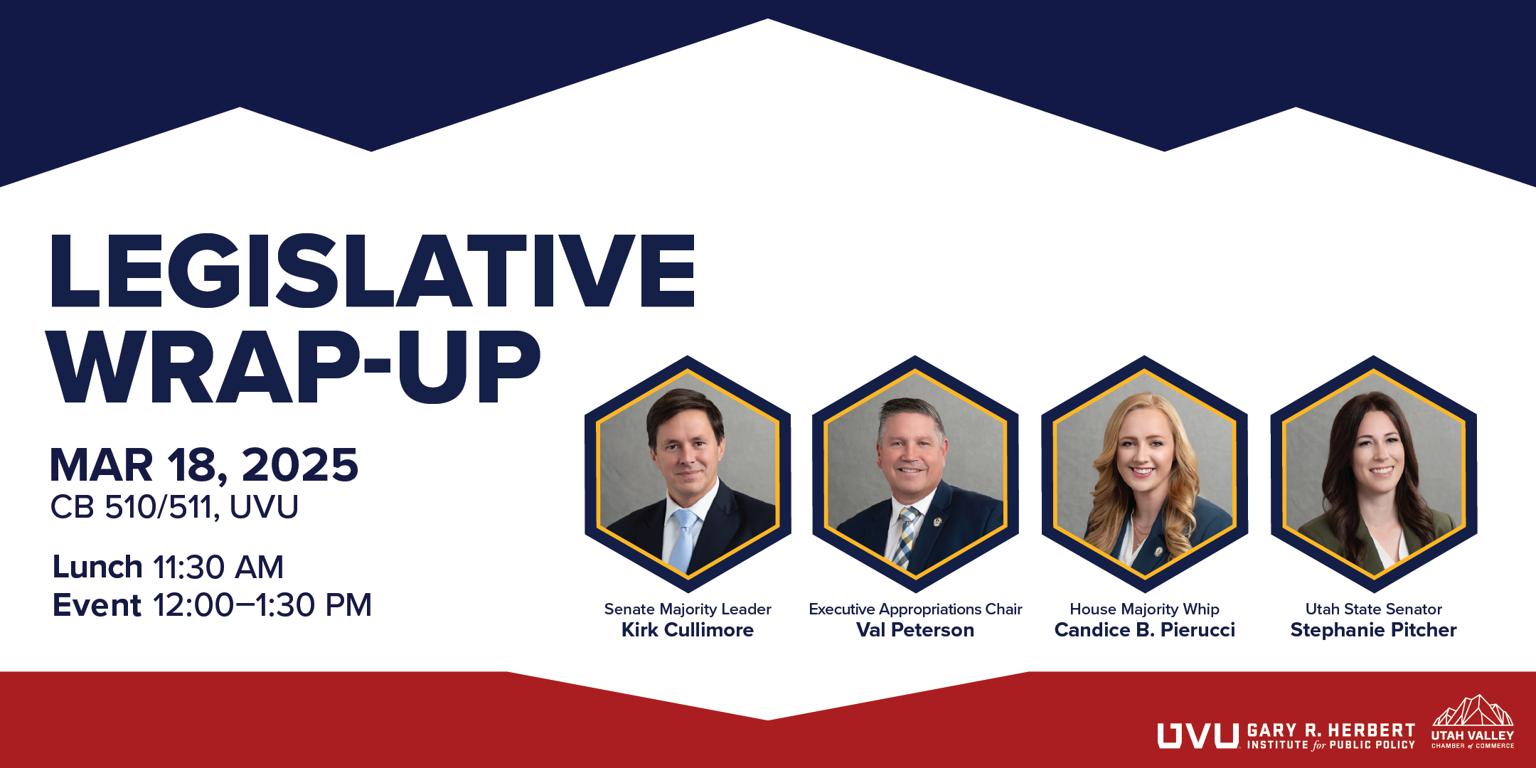 The 2026 Utah Legislative Wrap-Up promotional graphic with Senator Pitcher, Senator Cullimore, Rep. Val Peterson, and Rep. Pierucci