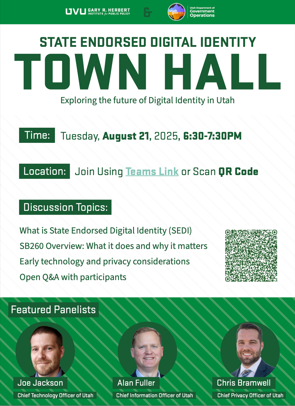 State-endorsed Digital Identity Town Hall Flyer with Joe Jackson, Alan Fuller, and Chris Bramwell 