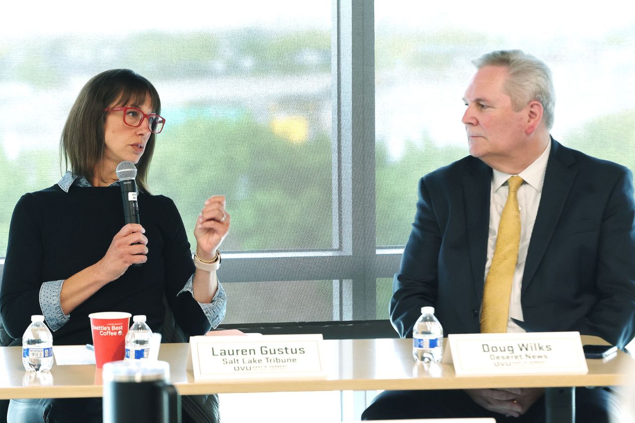 Lauren Gustus, Salt Lake Tribune executive editor, and Doug Wilks, Deseret News executive editor, speak as panelists during the Sutherland Institute Election Trust Forum at Utah Valley University in Orem on Tuesday, May 7, 2024. | Jeffrey D. Allred, Deseret News