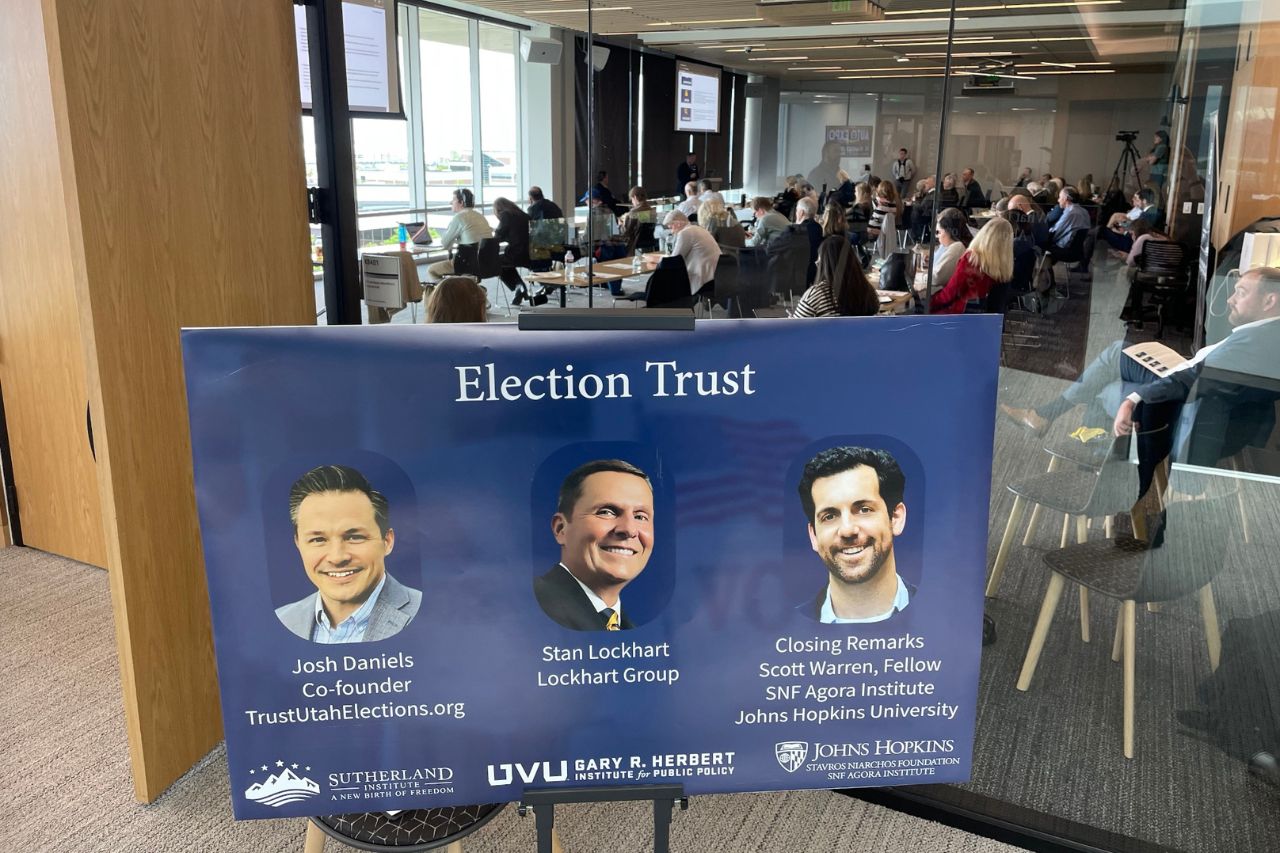 A forum on election trust takes place at Utah Valley University in Orem, Utah