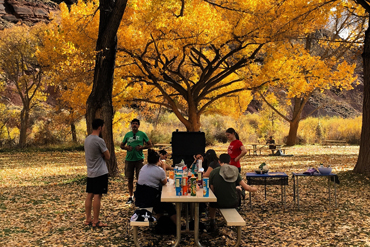 People at a picnic table