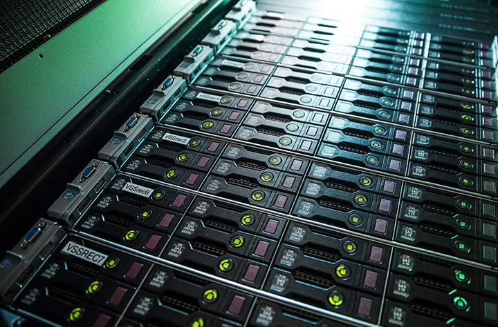 Server rack with green lights