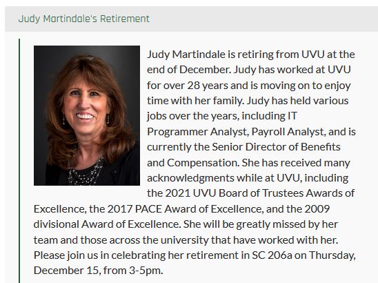 Judy Martindale retirement announcement