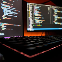 close up of a keyboard and two monitors