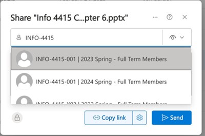 Searching for a Teams group (INFO-4415) when sharing a file. All members of the selected team will receive access.