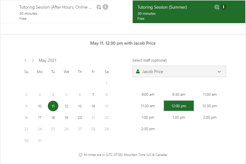 A screenshot of an example of a selected appointment with a tutor at the langauge lab on Microsoft Bookings