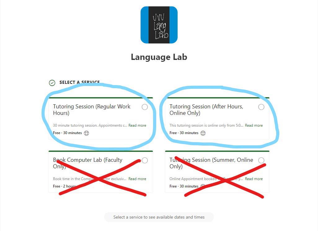 A list of the services that the language lab offers for tutoring