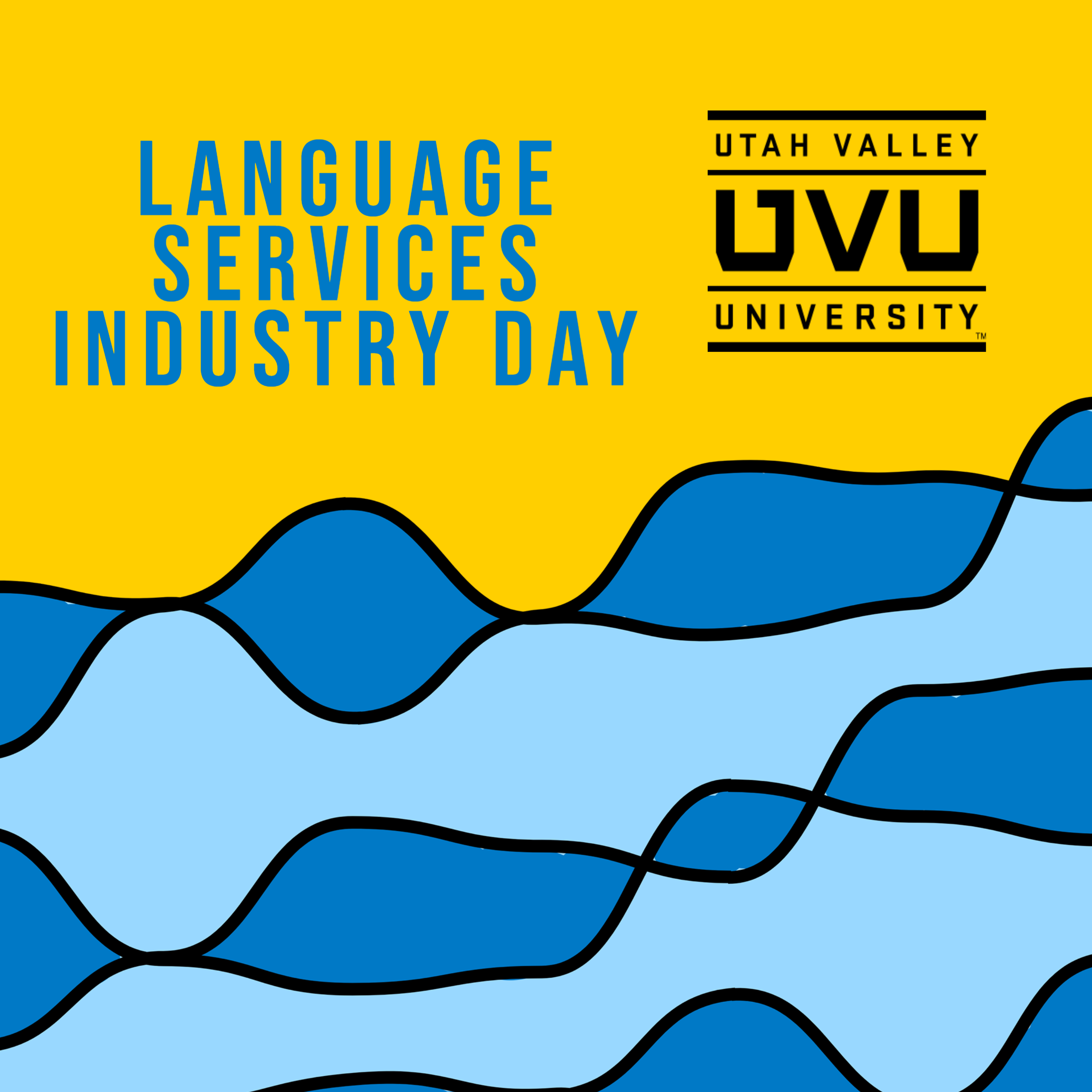 Bright background with words "Language Services Industry Day" and UVU's logo