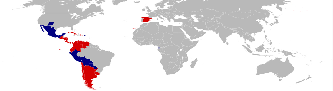 Map of the world where all countries are gray except Spanish-speaking countries, which are colored red and blue