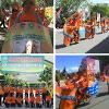 Image of four photos. Starting from top, left to right. Man holding poster and walking in streets. 4 people riding bikes in a street parade. A dozen children under banner that is written in Indonesian. One person on a bike in street parade.